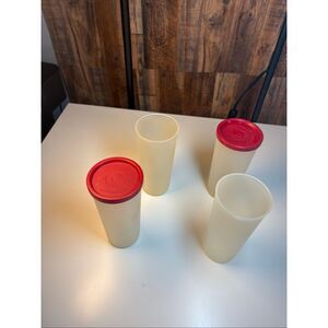 Vintage Tupperware Tall Tumblers Cups Red Lids Set of 4